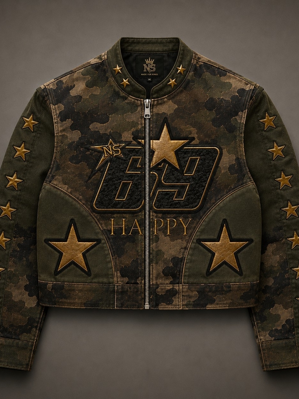 HAPPY COLLECTION Military-Style Camo Jacket with Gold Star Appliqués